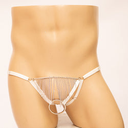 Image of European and American sexy steel ring thong men's underwear erotic transparent low rise without trace temptation macho underwear on bed