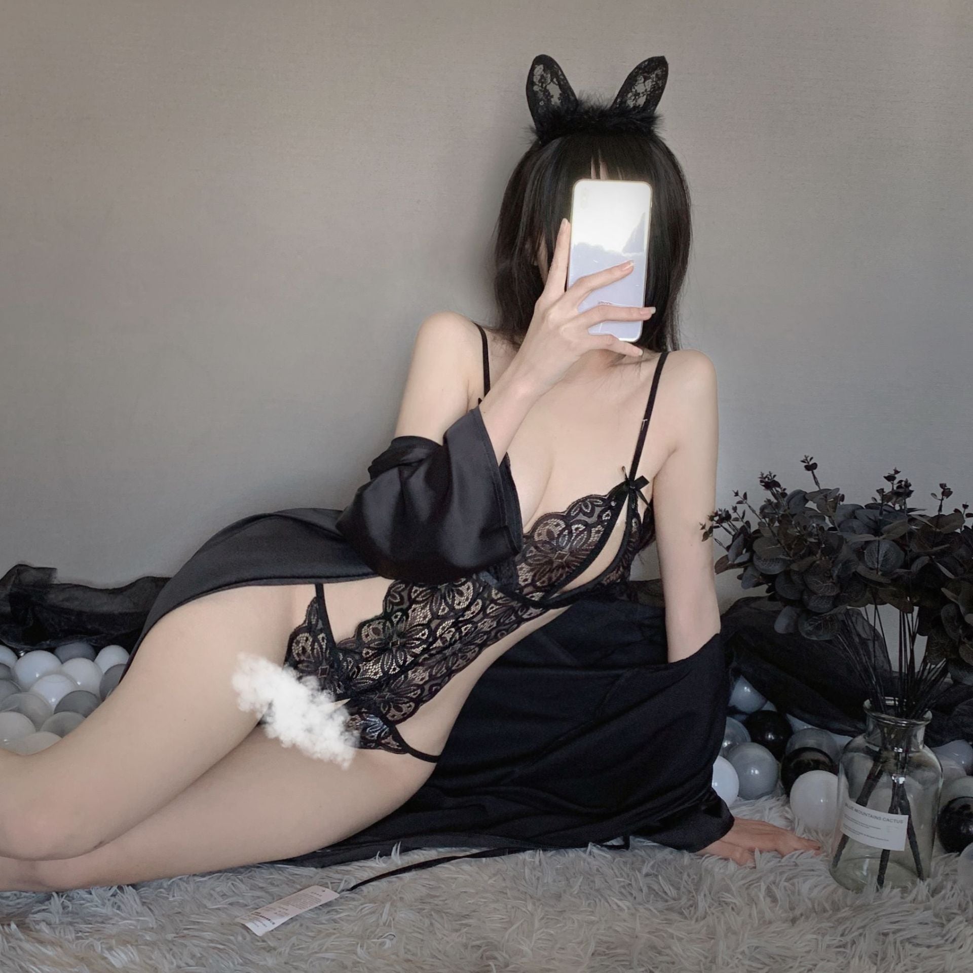 Image of Women's Sexy Lace Lingerie Bodysuit - Adjustable Halterneck One-Piece Teddy Lingerie with Open Crotch Sheer Mesh