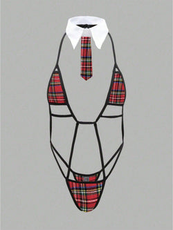Image of Cross-border foreign trade explosive women's sexy tie strap-on one-piece plaid hollow sex set spot wholesale women
