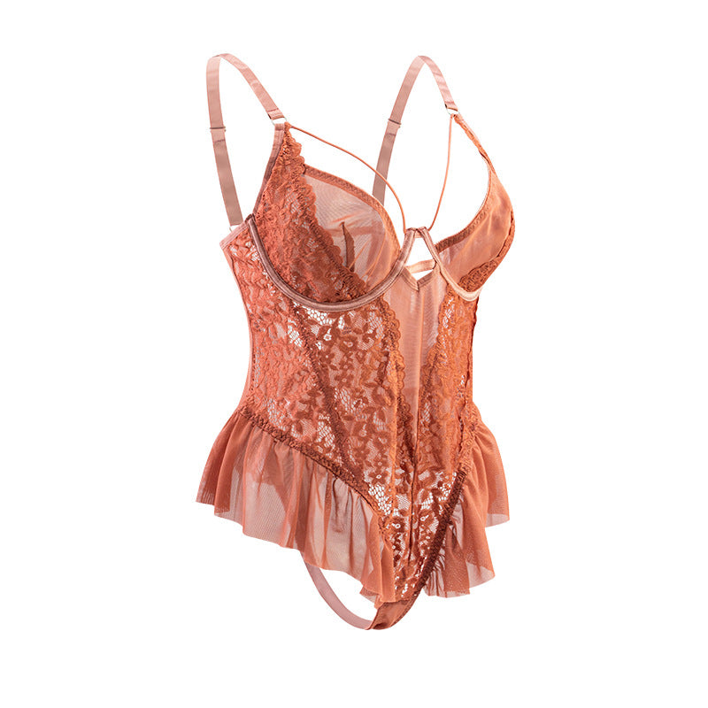 Image of European and American fat MM plus-size suit erotic underwear waist exposed buttocks ruffles sexy see-through erotic suspender jumpsuit