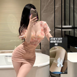 Image of Ji Feiman sexy lingerie sexy see-through deep V floral rose gauze high waist hip skirt uniform set qqny
