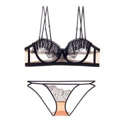 Image of Southeast Asia cross-border fringe half cup underwear women's ultra-thin cup big breasts show small transparent mesh sex interesting bra