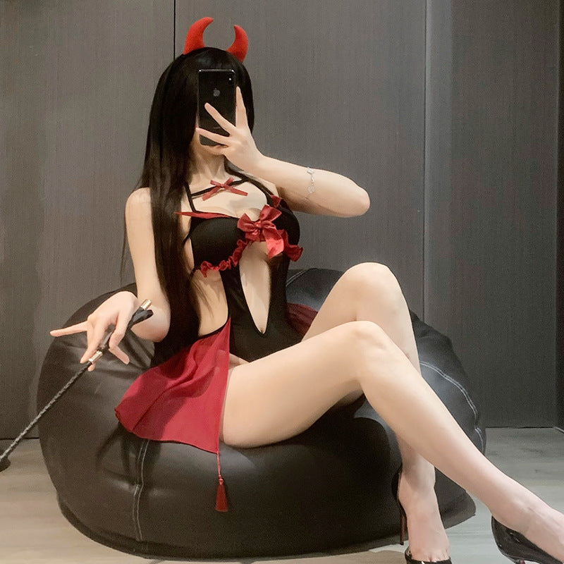 Doria erotic lingerie sexy cutout suspender bodysuit uniform Halloween little devil passion free crotch