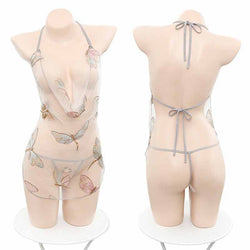 Image of Sexual Sentimental Fun Lingerie Sheer Pure Desire Halterneck Tie Butterfly Embroidery Pajamas Short Skirt Tease Passion Nightdress Set
