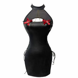 Image of Butterfly Rain, Halloween, Wild Devil, Patent Leather Strap Set, Temptation, Halterneck Nightclub, Cheongsam, Leaky Chest, Bow Cutout