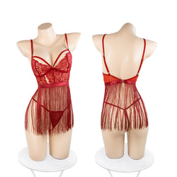 Image of Astringent desire erotic lingerie sexy backless temptation lace see-through strap tassel free nightdress uniform set 0740