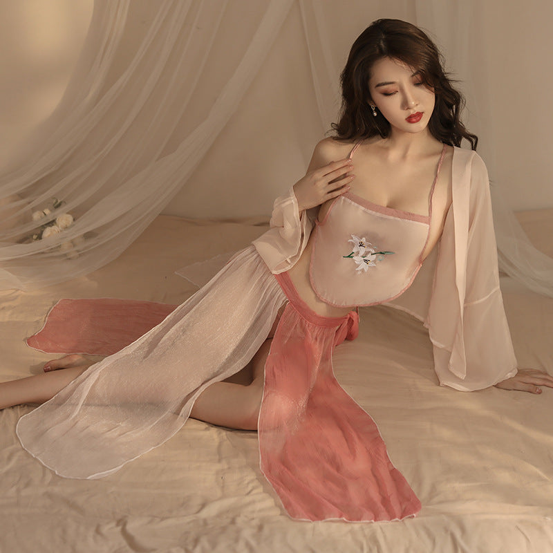 Image of Erotic underwear sexy national style series classical belly pocket chiffon see-through pajamas pure desire temptation retro uniform set