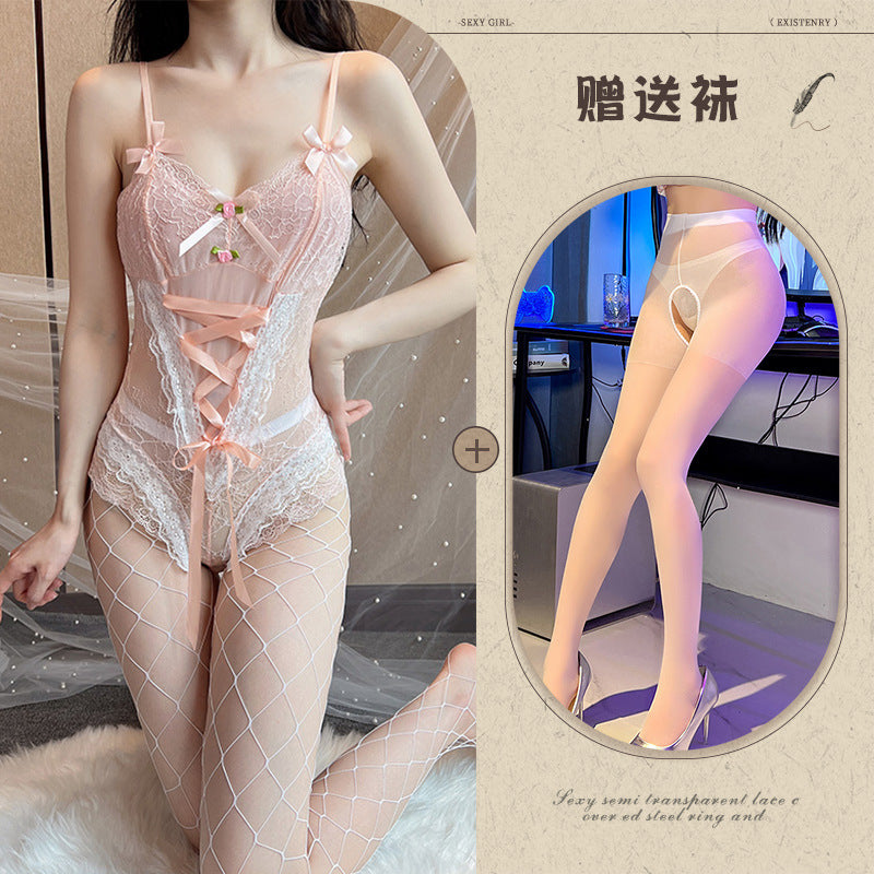Erotic lingerie, sexy lace, temptation, strap-on, sweet candy-colored bodysuit, hidden button-down, crotch uniform, suspender set