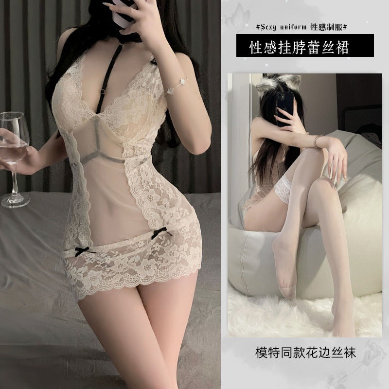 Sexy Pure Lust Pajamas Erotic Lingerie Lace Deep V Sheer Purple Suspenders Nightdress Free Uniform Strap Temptation