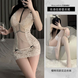 Image of Sexy Pure Lust Pajamas Erotic Lingerie Lace Deep V Sheer Purple Suspenders Nightdress Free Uniform Strap Temptation