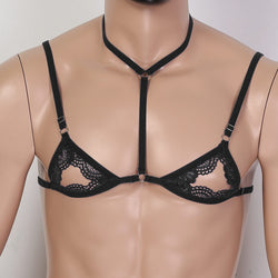 Image of Men's sexy lingerie lace three-point bra pajamas sheer panties temptation pure desire sexy bed set