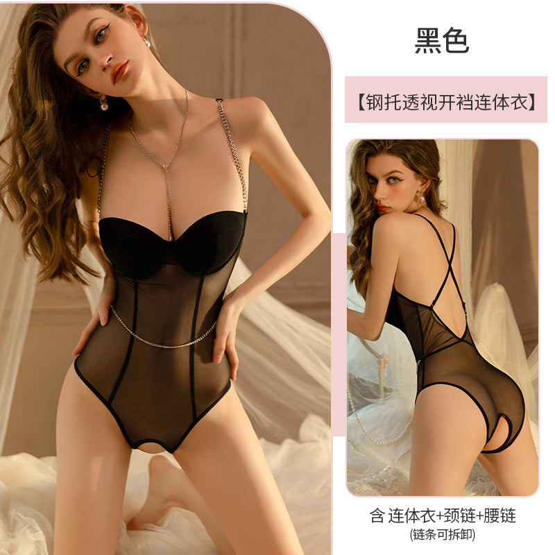 Image of Jiu Mu Yadai erotic underwear sexy see-through one-piece small breasts gathering charm chest pad sexy see-through one-piece bodysuit