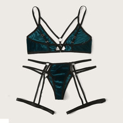 Image of European and American foreign trade underwear pajamas, gold velvet hollow see-through, sexy charm, three-point sexual affection underwear set source