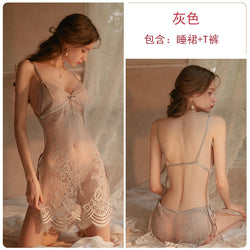 Image of Rose, erotic, lingerie, women, transparent lace, temptation, suspender nightdress, backless pajamas, loungewear set, 1581