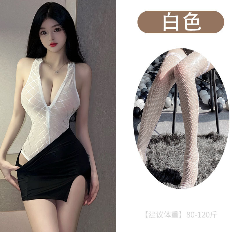 Image of Sexy hollow transparent plus-size uniform pure desire one-piece tight hip skirt erotic lingerie set one drop shipping