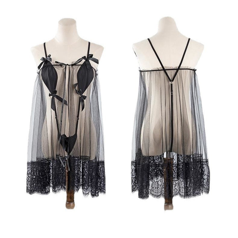 Erotic new underwear women's gauze skirt empty courtyard wild rose transparent nightdress hollow nightdress women's three-point set 865