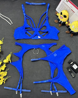 Image of Cross-border exclusive for European and American explosive erotic underwear, sexy hollow splicing mesh gathering, slim fit with underwire four-piece set
