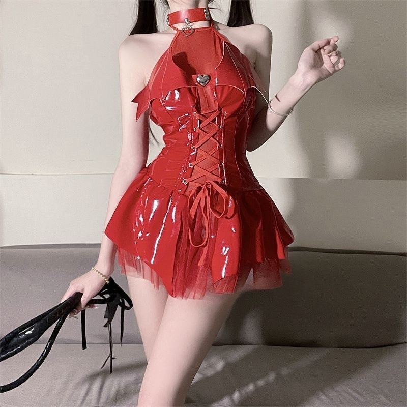 Su Hu erotic underwear pure desire strap-on sexy halterneck little devil patent leather dress uniform