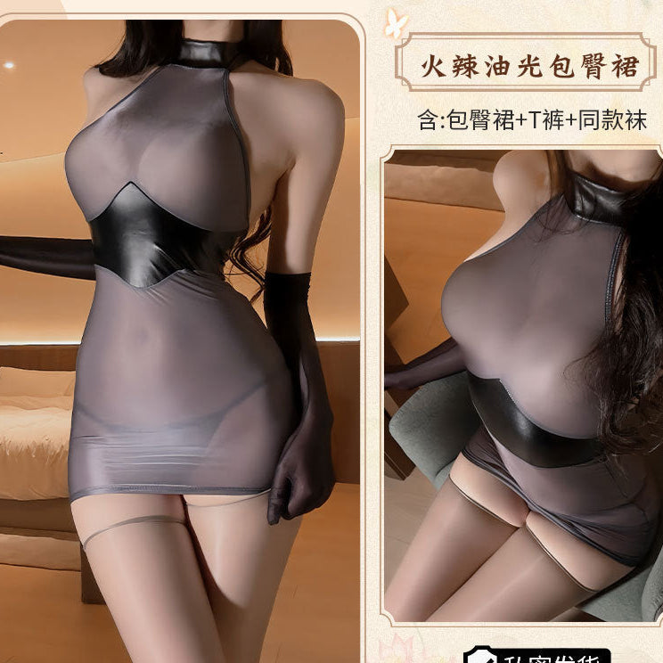 That's right, the night erotic lingerie, sexy patent leather splicing, see-through hip skirt, uniform, secretary suit, tight pajama girl