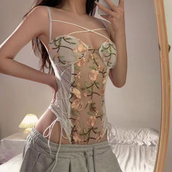 Image of Xi Mufen European and American cross-border sexy lace open suspender jumpsuit embroidered flower mesh strap one-piece underwear