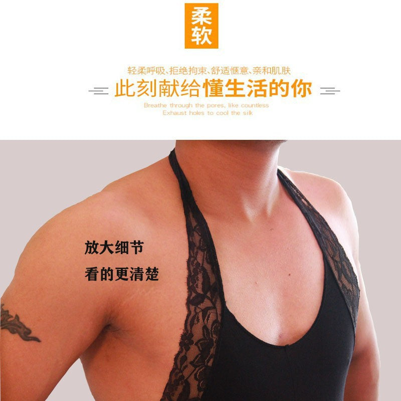 Men's transparent temptation sexy one-piece stockings hot open crotch bare back erotic lingerie lace edge suspender gay