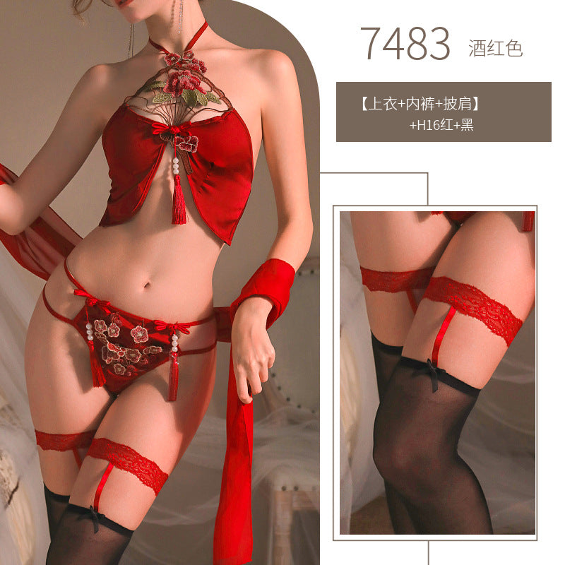 Image of Yeqin erotic underwear sexy classical embroidery belly pocket temptation role-playing bandeau cut-out plus size set 7483