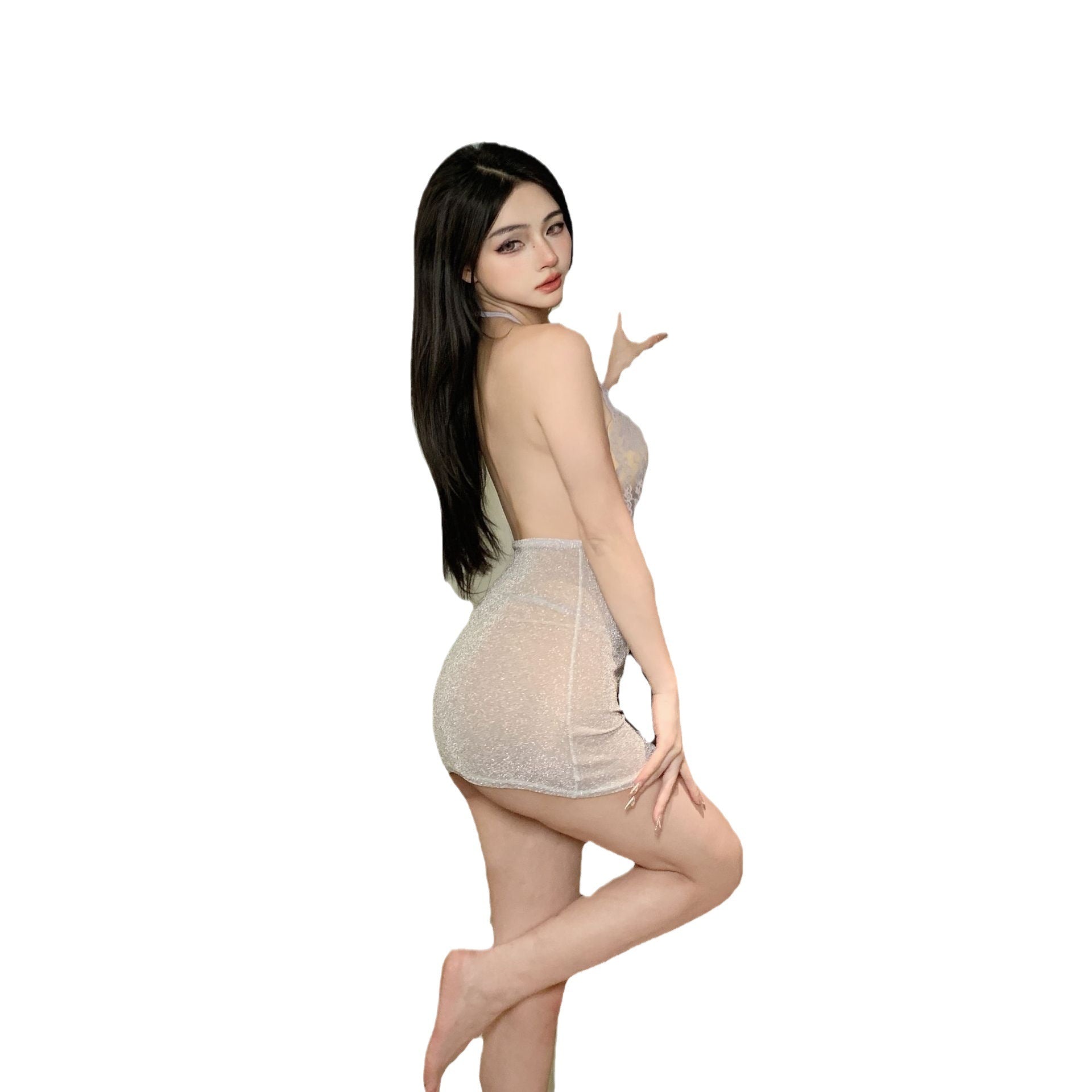 Plus-size see-through erotic lingerie lace crotch-opening one-piece fat fox exclusively for sexy hip-hugging skirts and backless suits