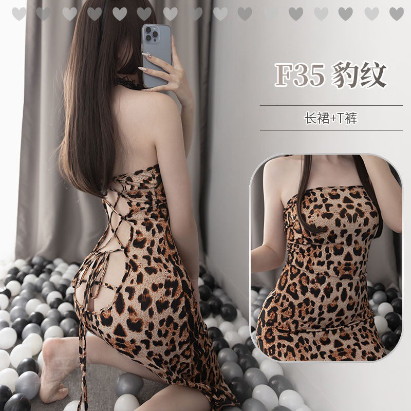 Long skirt tie plus size erotic lingerie leopard print passion nightclub lady can wear uniform to seduce adult tight