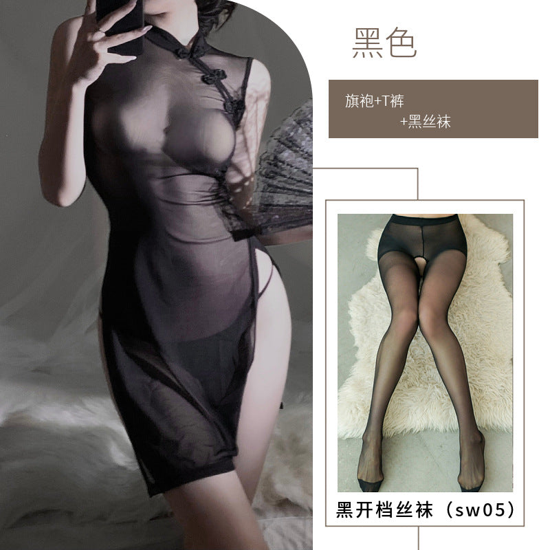 Image of Young women's robes, Chinese cheongsam, hot girls, sexy pajamas, high slit cheongsam, improved model, a drop-out erotic underwear