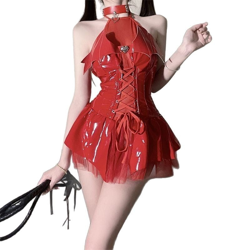Su Hu erotic underwear pure desire strap-on sexy halterneck little devil patent leather dress uniform