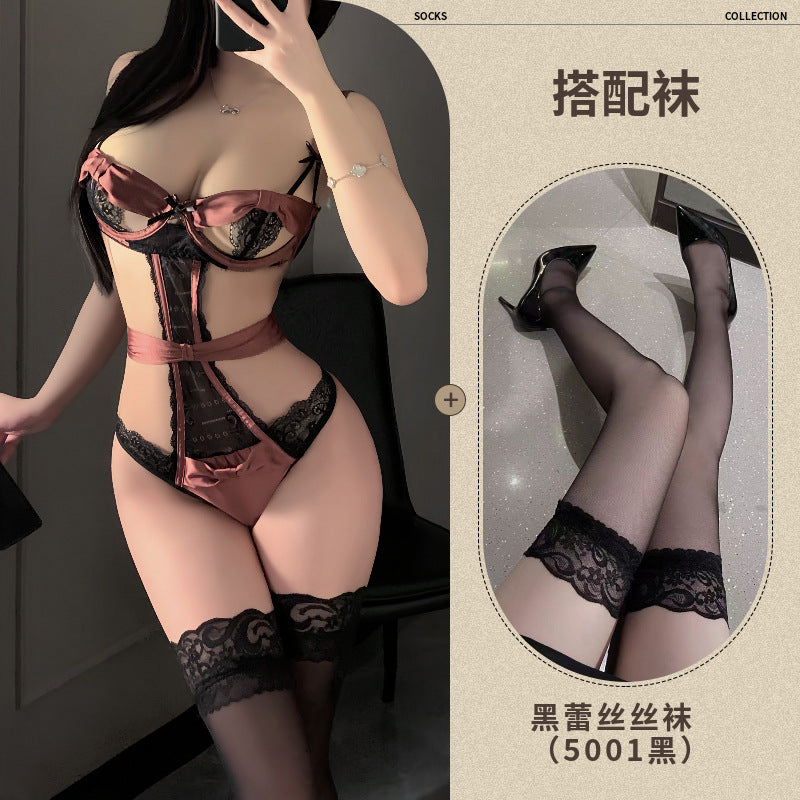 Meizhi Lan erotic lingerie pure desire lace open breast exposure jumpsuit tight temptation no take off sexy small breast suit