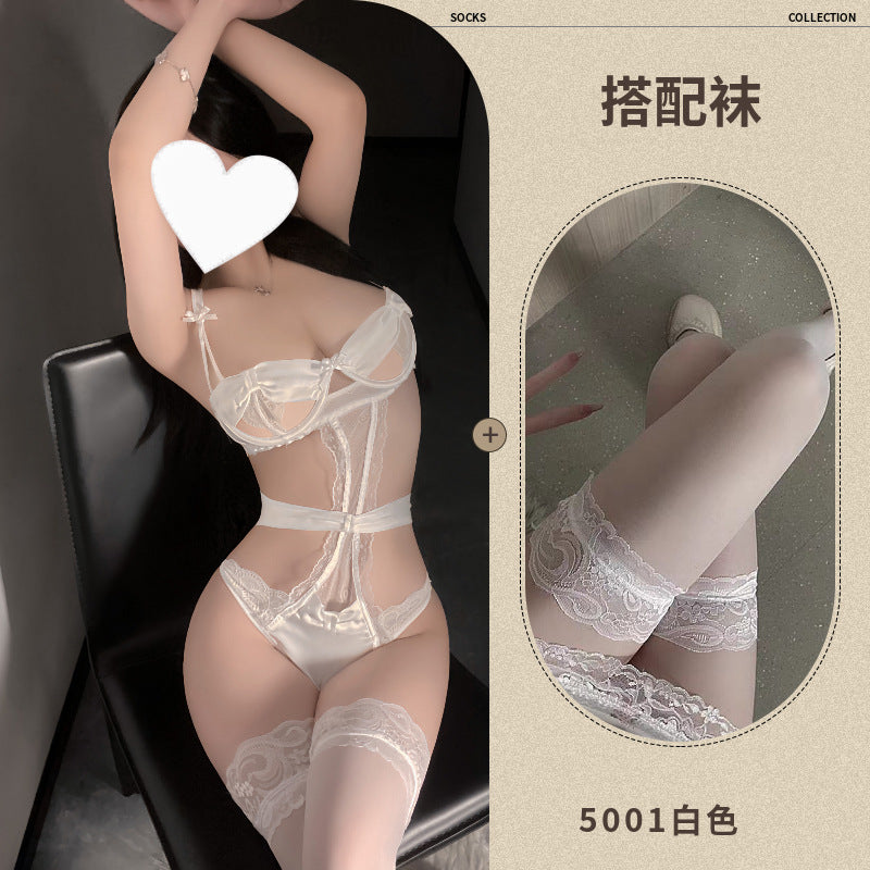 Meizhi Lan erotic lingerie pure desire lace open breast exposure jumpsuit tight temptation no take off sexy small breast suit