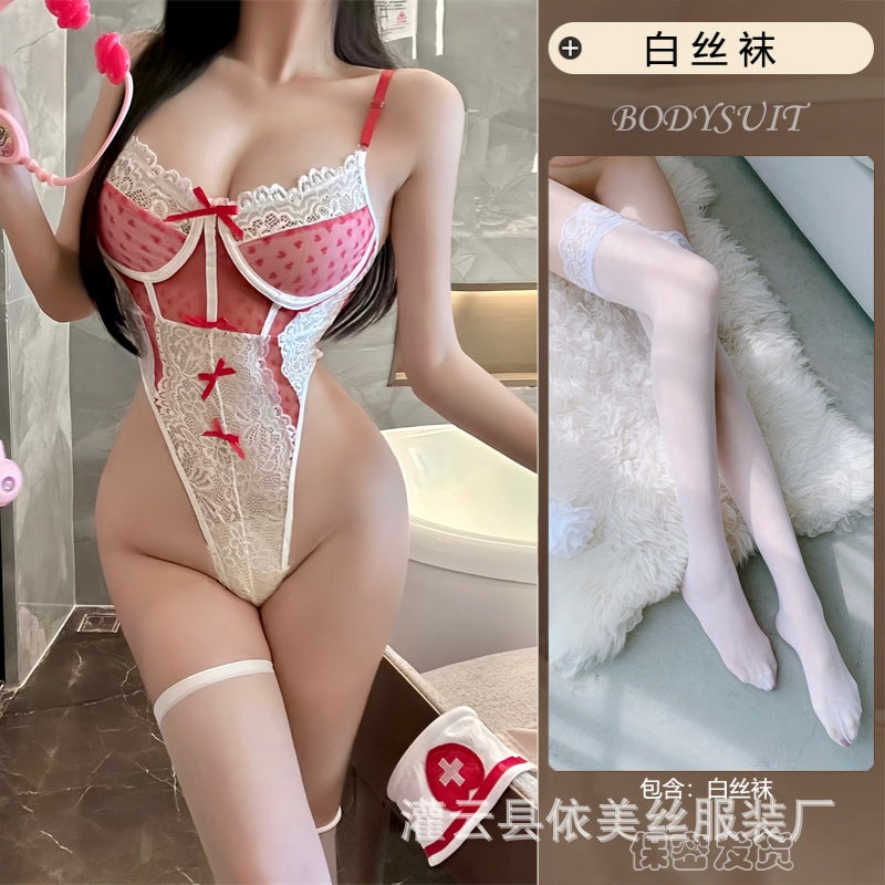Man Lust Erotic Lingerie Pure Lust Nurse Uniform Lace Bow Heart Shaped Sheer Jumpsuit Sexy Set 9276