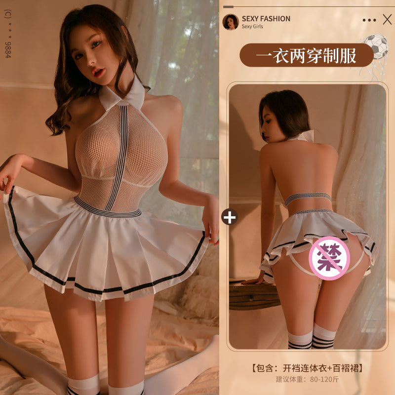 Manyan sexy underwear sexy college style one dress two penetration hollow open back open-end one-piece pajamas 9884