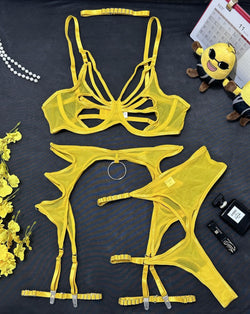 Image of Cross-border exclusive for European and American explosive erotic underwear, sexy hollow splicing mesh gathering, slim fit with underwire four-piece set