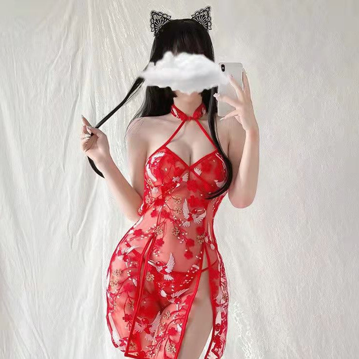Image of Yuying, erotic underwear, classical flower and bird embroidery, slit cheongsam, national tide mesh see-through, free of temptation, passion, 2045