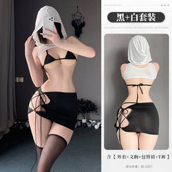 Image of Erotic lingerie sexy hollow small chest show big three-point see-through bra free passion temptation set 2147