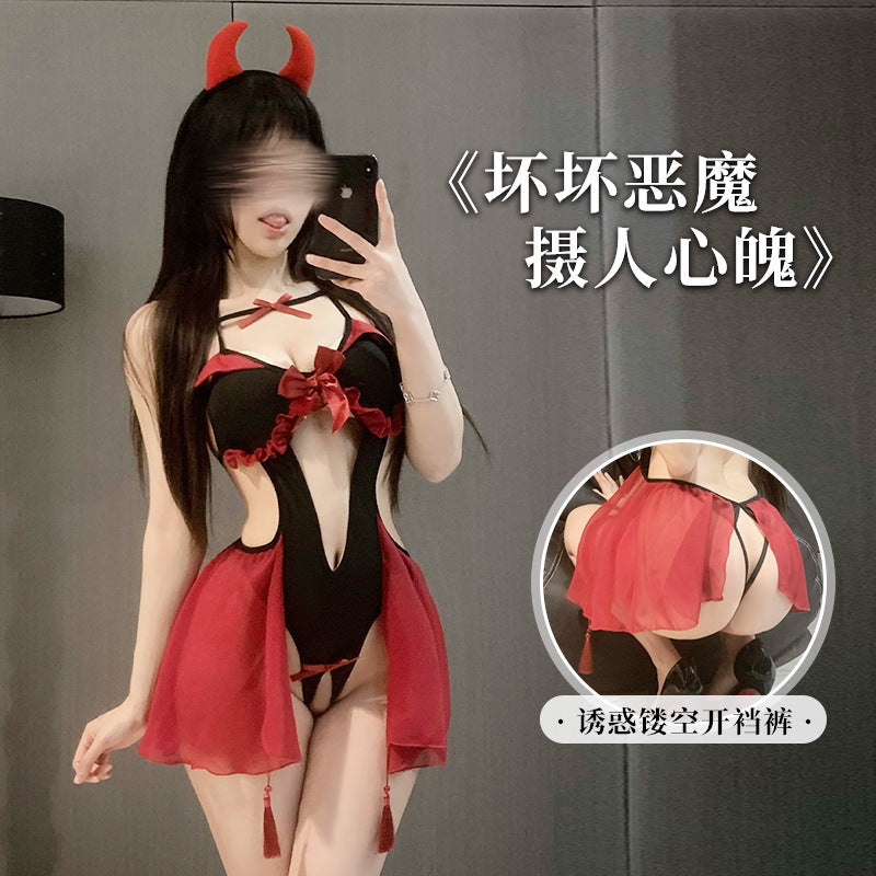 Doria erotic lingerie sexy cutout suspender bodysuit uniform Halloween little devil passion free crotch