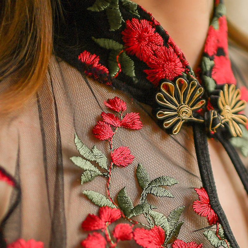 Image of Yi Jin erotic underwear sexy see-through tulle slit famous country ancient style cheongsam hanfu uniform set temptation 7926