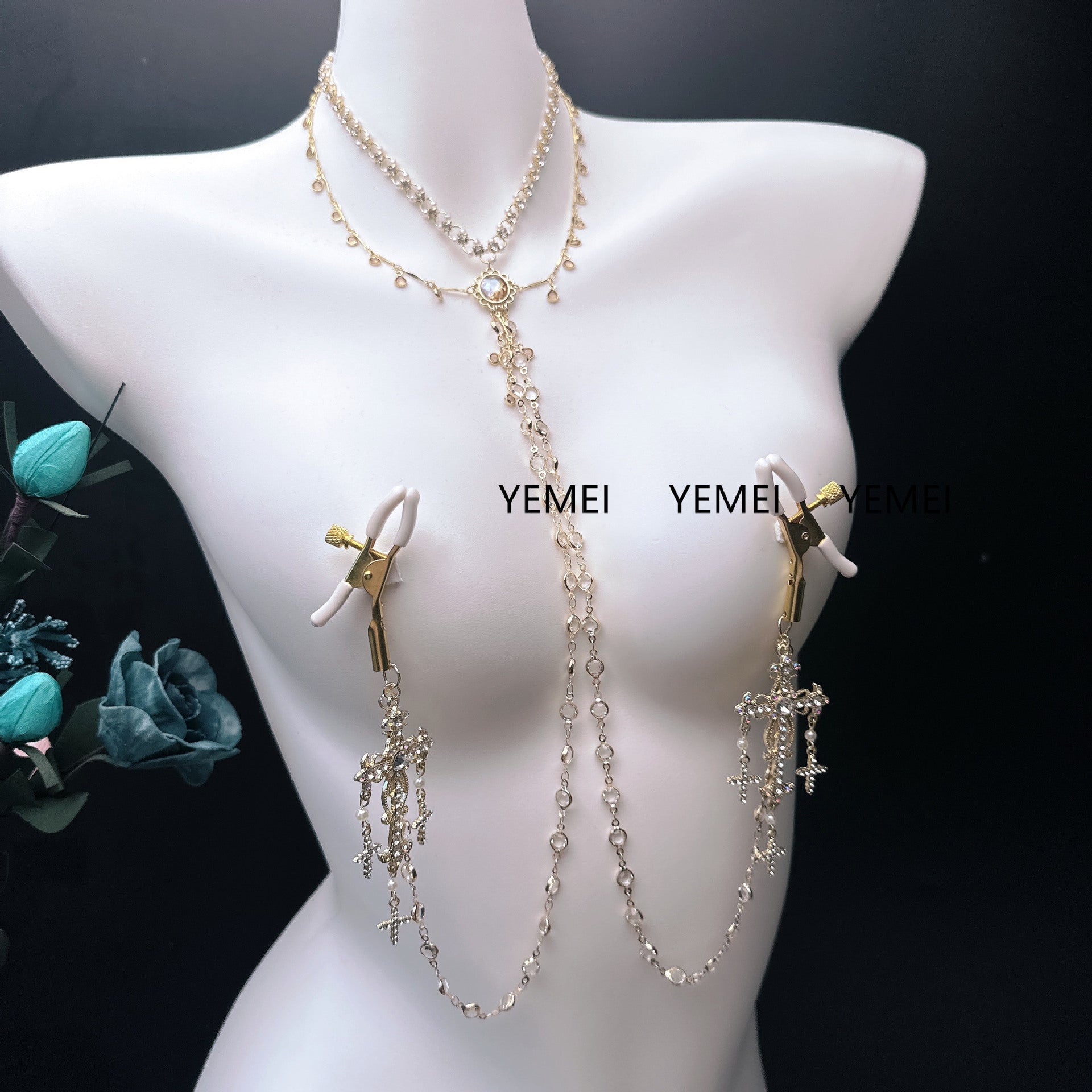 Image of sex toys diamond set cross baroque style necklace breast clamp waist chain anal plug sm stimulation training male and female nipples