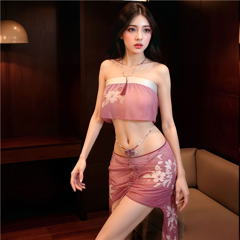 Lang Pin Heng sexy kimono uniform slip nightdress tights free passion suit see-through temptation loungewear