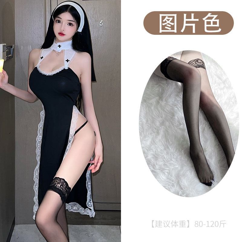 Love is like erotic lingerie cosplay sexy high slit lace slim seduction nun uniform set 5708
