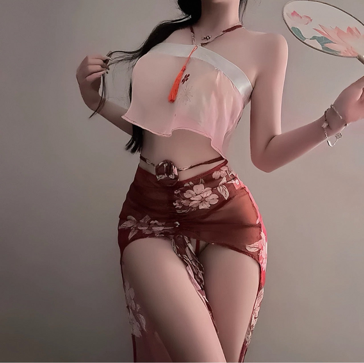 Image of Ruolan sexy underwear sexy national style see-through belly pocket Hanfu strap lace Daji fox uniform set 5117