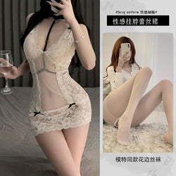 Image of Sexy Pure Lust Pajamas Erotic Lingerie Lace Deep V Sheer Purple Suspenders Nightdress Free Uniform Strap Temptation