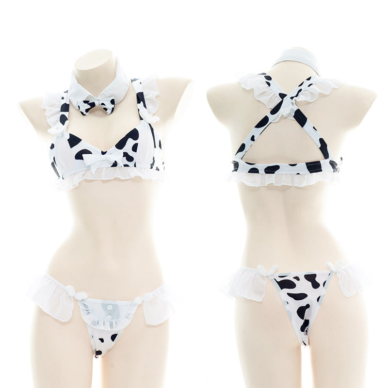 Erotic lingerie cow maid outfit bikini sexy ruffled pajamas women's openwork maid uniform B0261