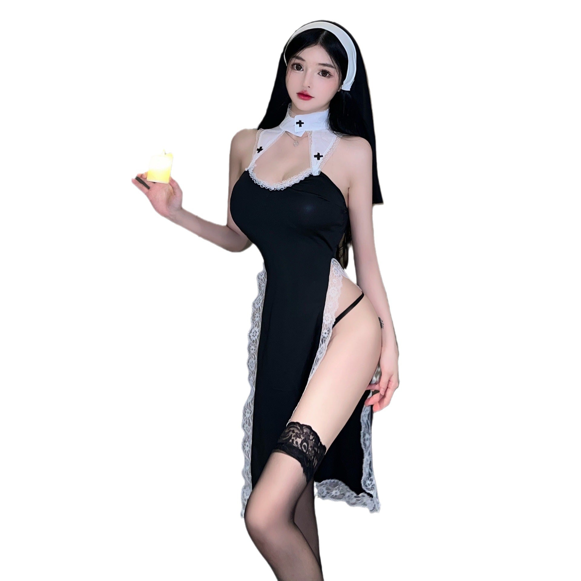 Love is like erotic lingerie cosplay sexy high slit lace slim seduction nun uniform set 5708