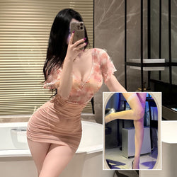 Image of Ji Feiman sexy lingerie sexy see-through deep V floral rose gauze high waist hip skirt uniform set qqny