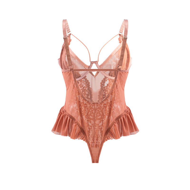 Image of European and American fat MM plus-size suit erotic underwear waist exposed buttocks ruffles sexy see-through erotic suspender jumpsuit