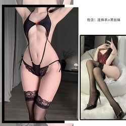 Image of erotic lingerie sexy one-piece swimcloth see-through temptation three-point halterneck bed temptation pajama set wholesale