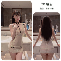Image of Long night long erotic underwear deep V groove lace see-through temptation provocation buttocks wrapping nightdress sexy uniform 2128